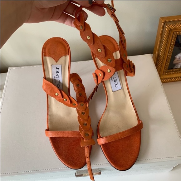 Jimmy Choo Orange & Brass Rivet Lace Sandals - Picture 2 of 8